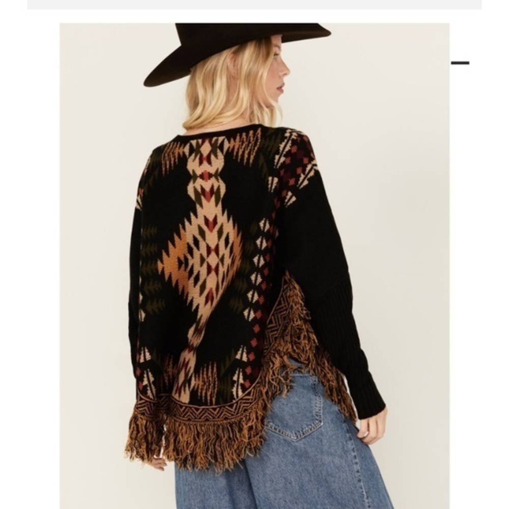 Cotton & Rye Outfitters Poncho Sweater Black Southwest Aztec Cape Sz L Fringe - Picture 3 of 10